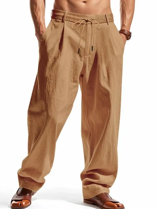 Men’s Solid Color Linen Pants – Casual Wide-Leg Regular Fit Trousers for Spring & Fall