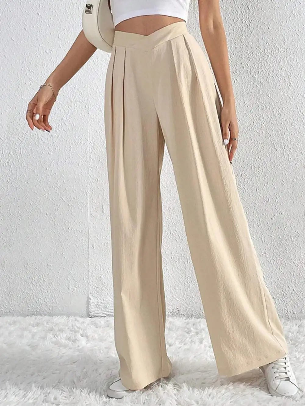 V Waisted Ruched Front Wide Leg Pants