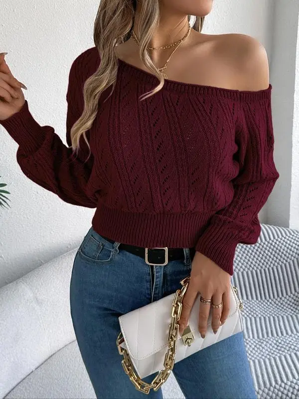 Women's Plain Textured Hollow Out Asymmetrical Neckline Longsleeves Sweater Knitwear, Elegant Casual Raglan Sleeve Long Sleeve Jumper for Fall & Winter, Fashion Ladies' Knitwear for Daily Wear, Women's Clothing, Go Out Tops, Trending Clothing Women