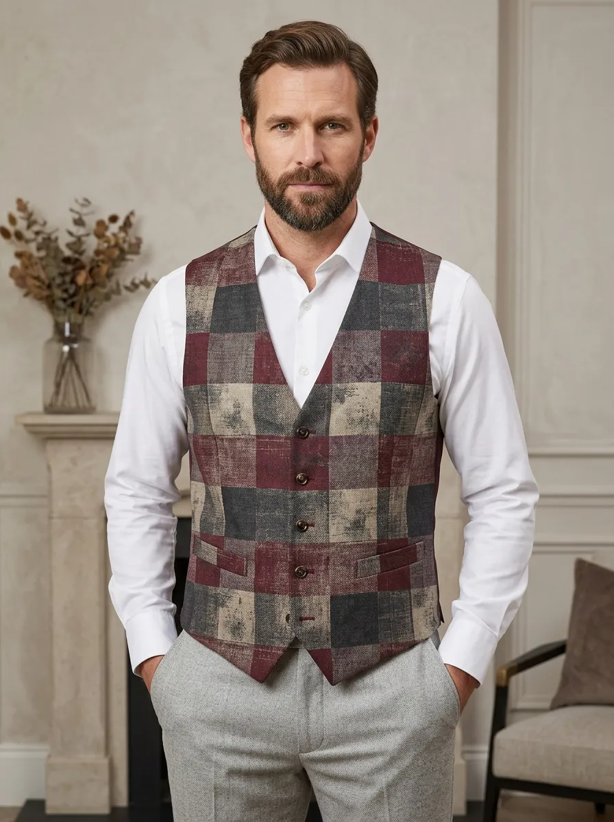 Men's Vintage Style Burgundy Plaid Printed Waistcoat
