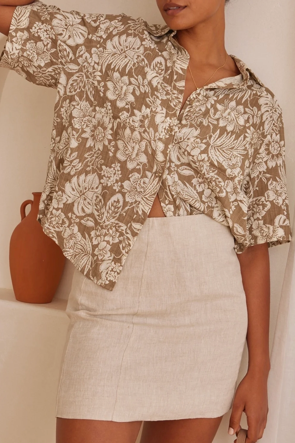 Taupe Tropicana Print Boxy Shirt