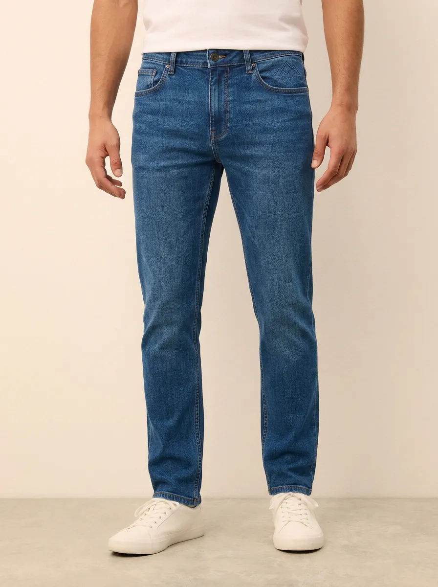 Men's Refined Comfort Mountain Logo Embroidered Stretch Denim Jeans