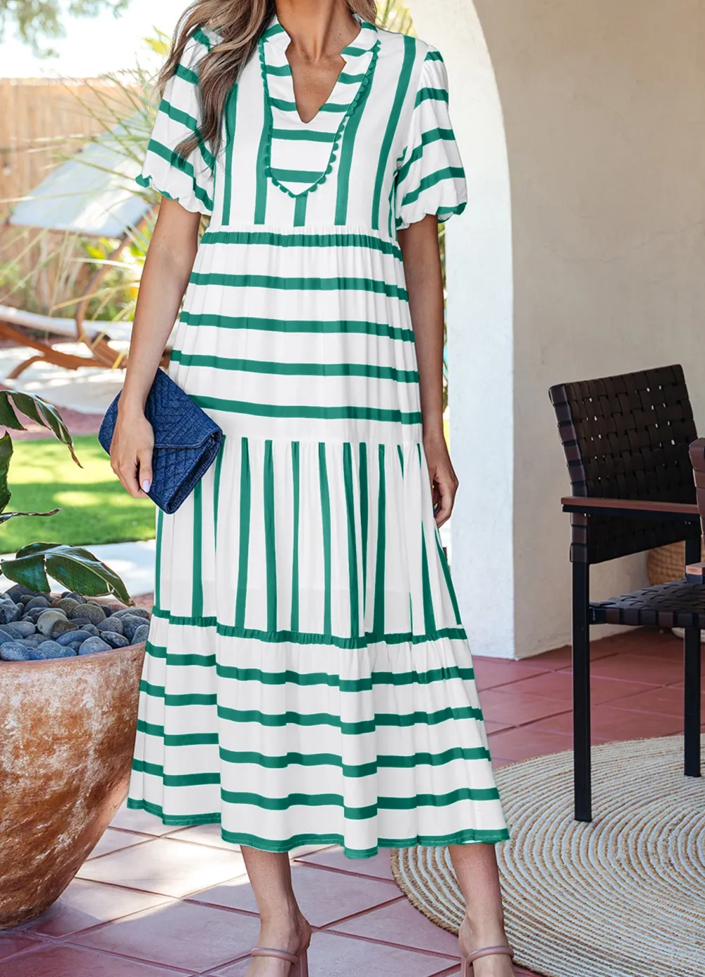 Stripe Half Sleeve Notched Neck Contrast Trim Ricrac Trim Midi Dress