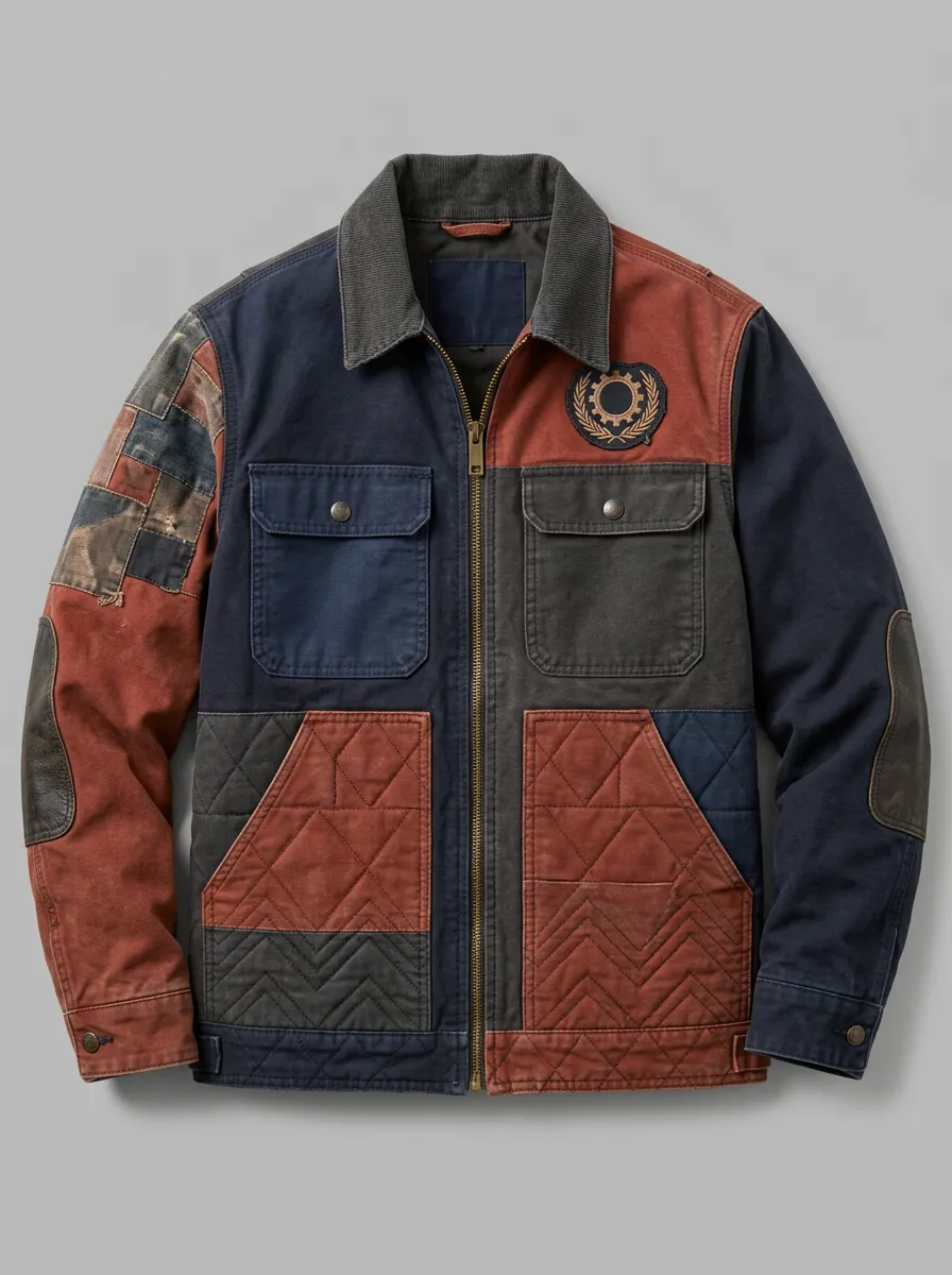 Men's Vintage Patchwork Quilted Gear Emblem Printed Jacket