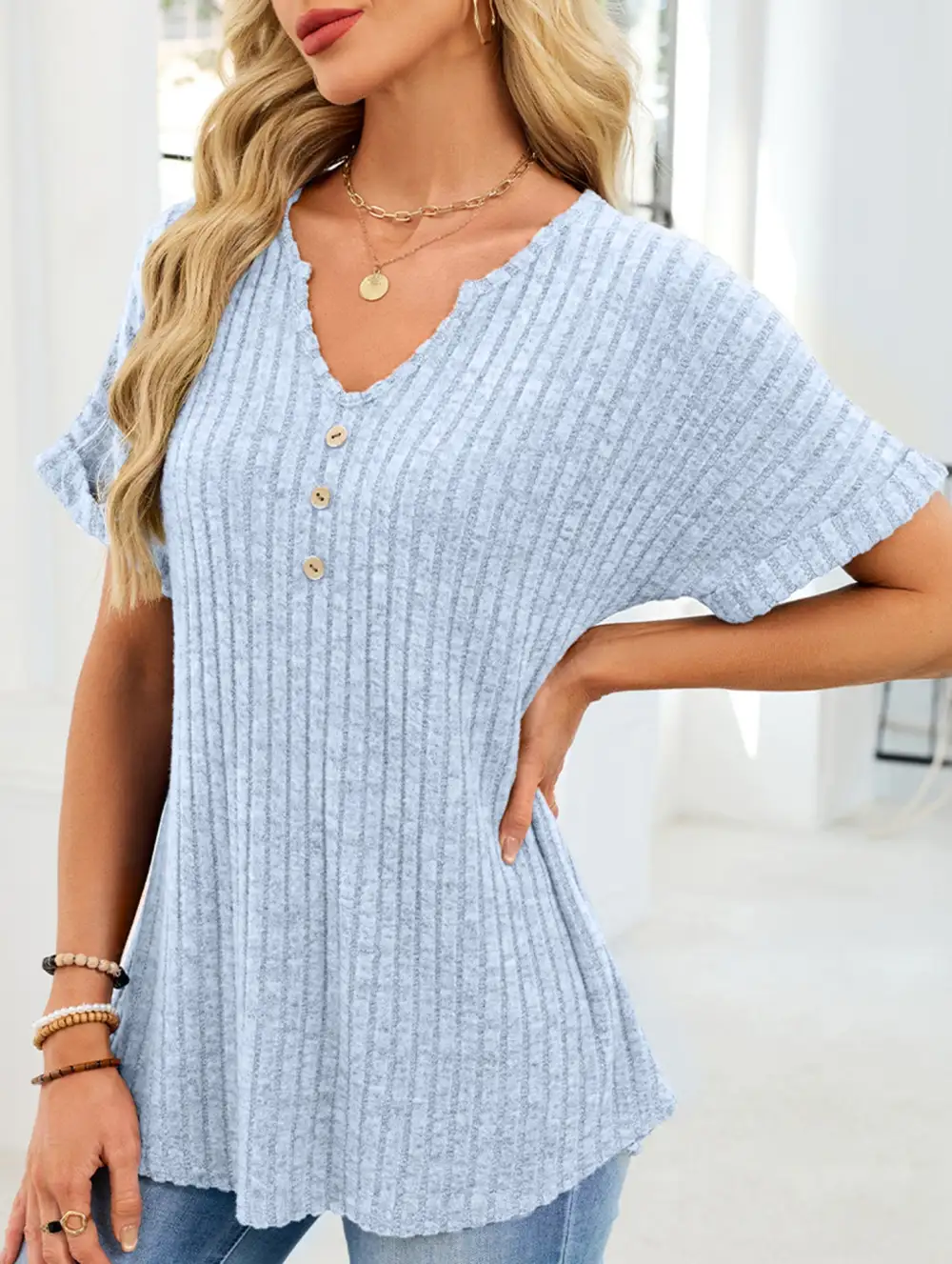 V Neck Button Front Loose Ribbed Tee