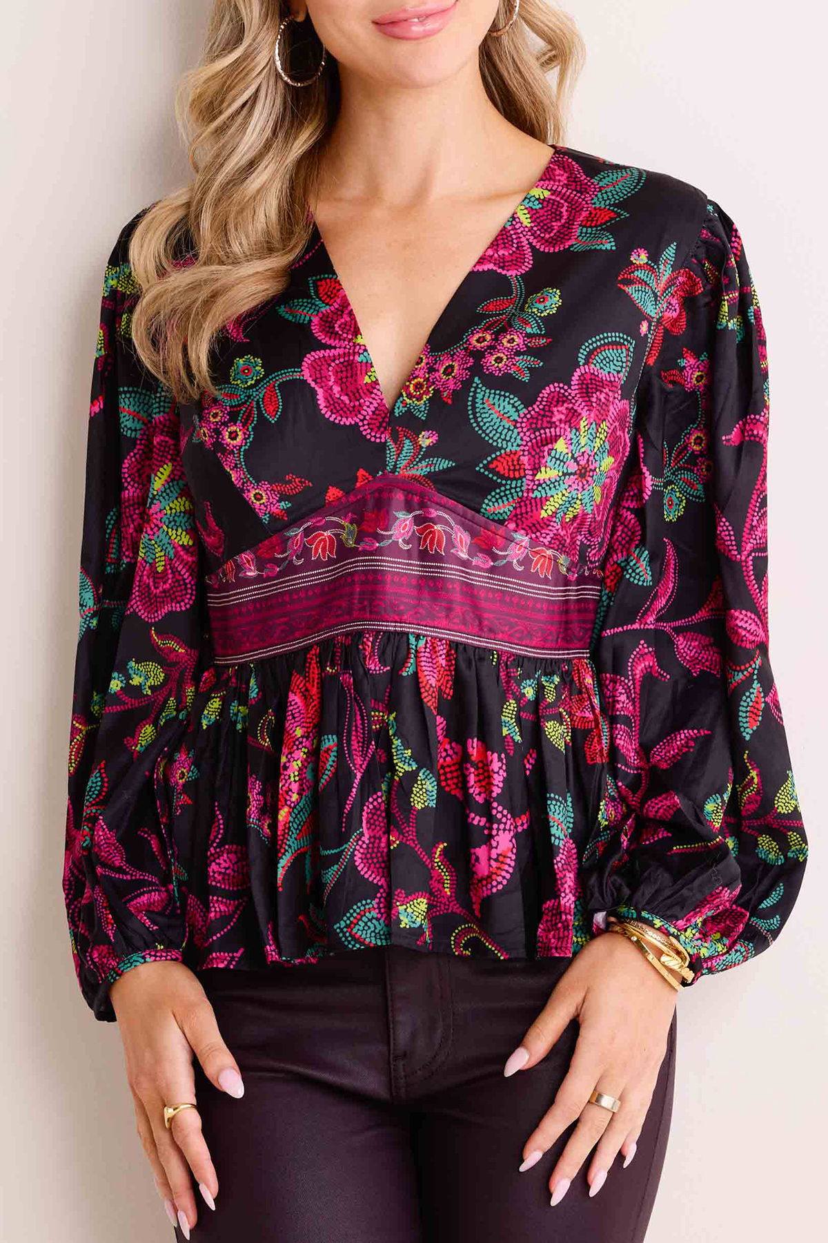 Pink Floral Print V Neck Peplum Long Sleeve Blouse LENYNX pink-floral-print-v-neck-peplum-long-sleeve-blouse-lenynx