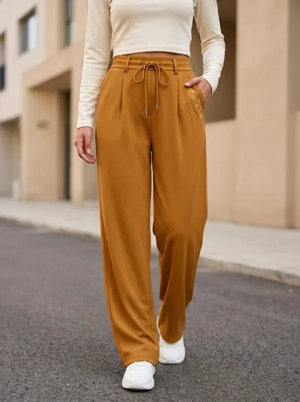 Women's Casual Minimalist Floral Embroidered Drawstring Trousers