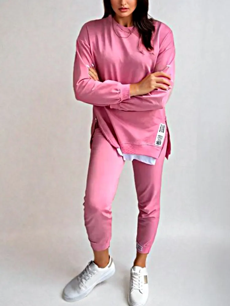 Women's Fashion Side Slit Fake Two-piece Top & Pants Two-piece Set