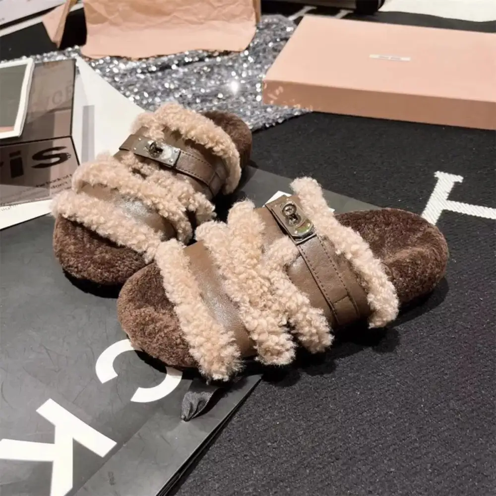 Fuzzy Buckle Accent Plush Slippers