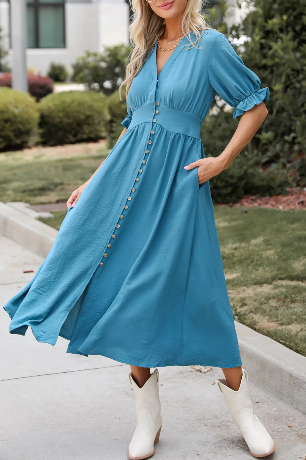 V-Neck Teal Midi Dress