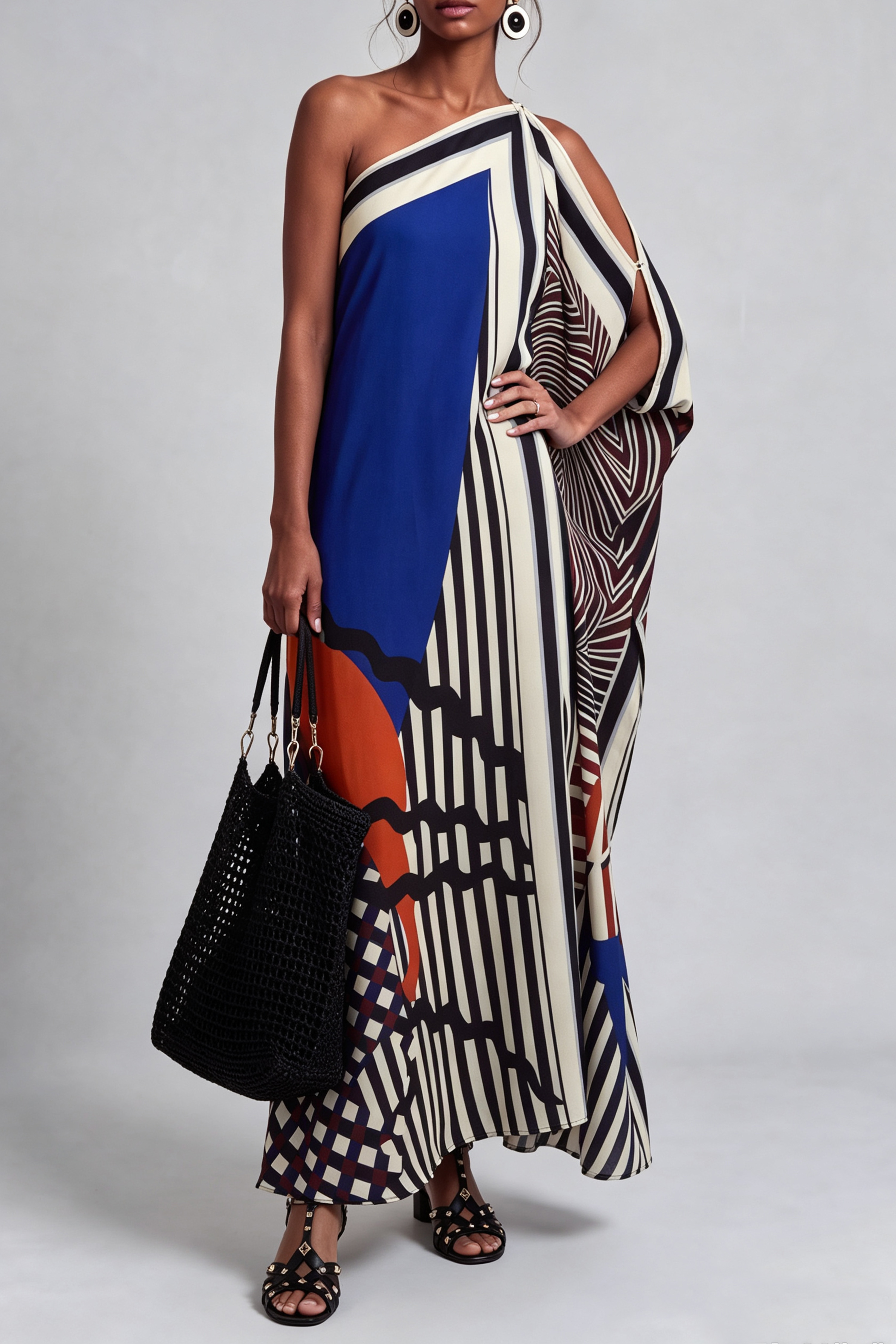 One Shoulder Printed Midi Dress