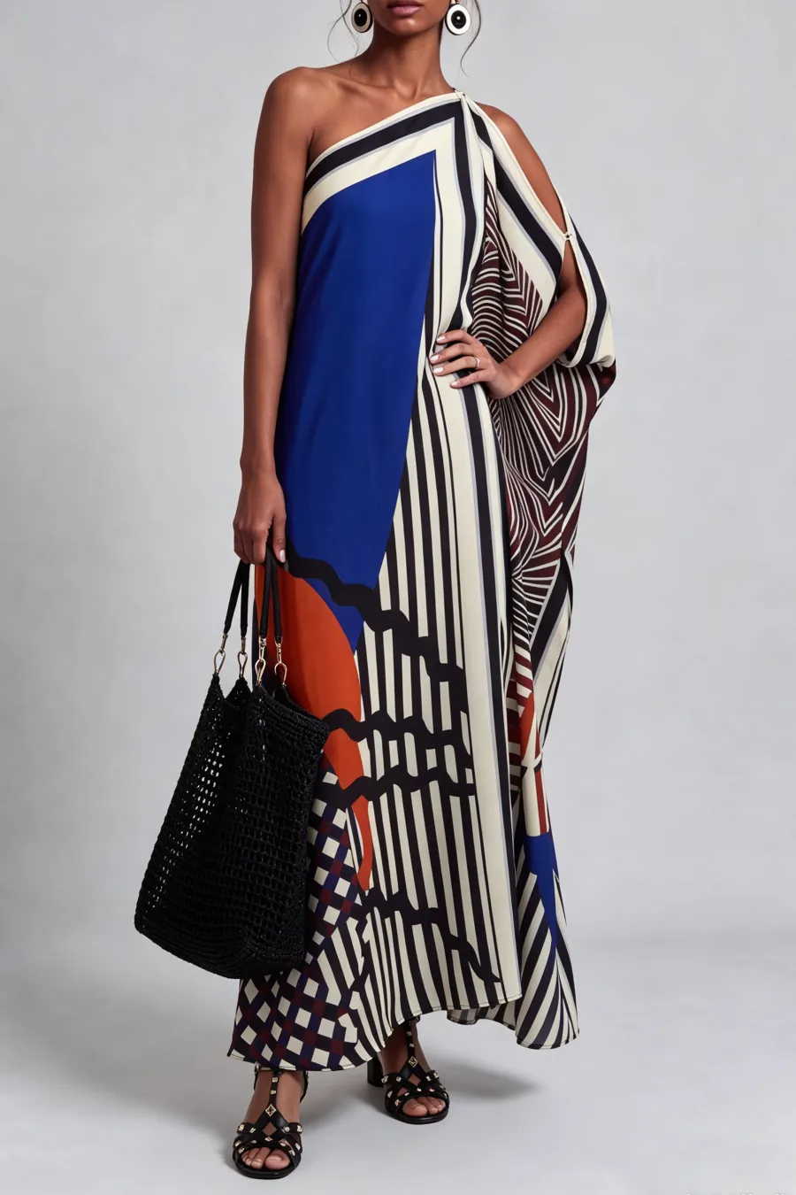One Shoulder Printed Midi Dress