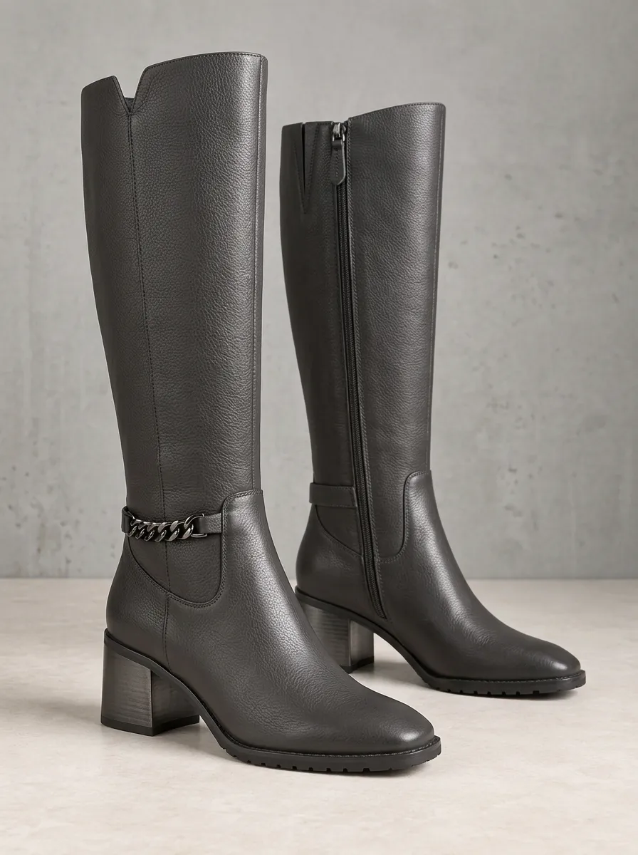Women's Chain Detail Textured Graphic Detail Knee High Boots