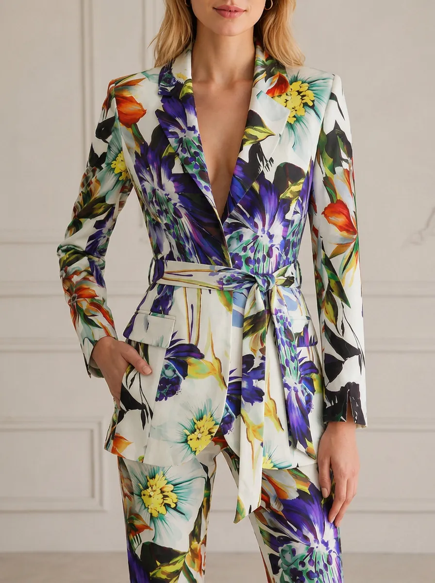 Women's Floral Botanical Art Printed Belted Blazer Jacket