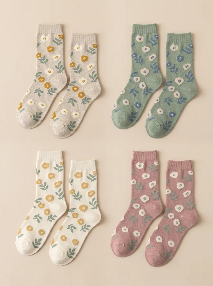Women's Floral Leaf Ribbed Crew Socks Four Pair Set