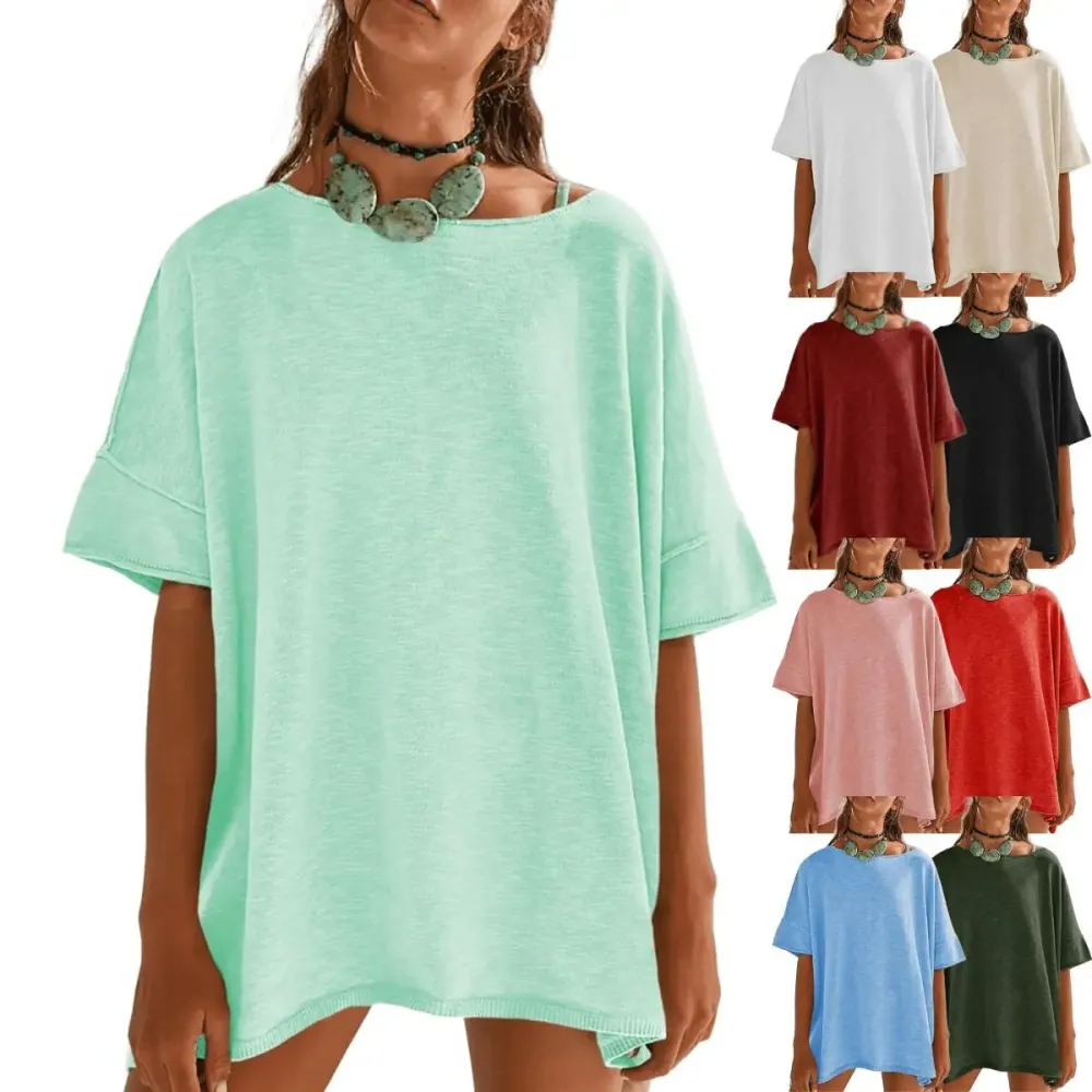 Women's Oversized T Shirts Casual Summer Crew Neck Loose Dropped Short Sleeve Side Slit Hem Blouse Tunic Tops