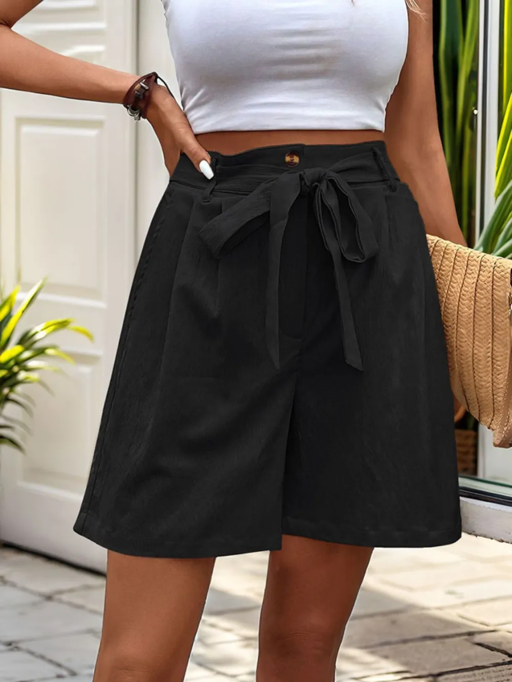 Tied High Waist Pocket Shorts