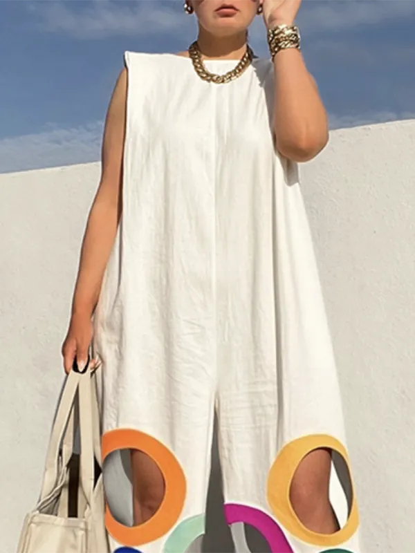 Losse Mouwloze Holle Jumpsuits Met Contrasterende Kleuren