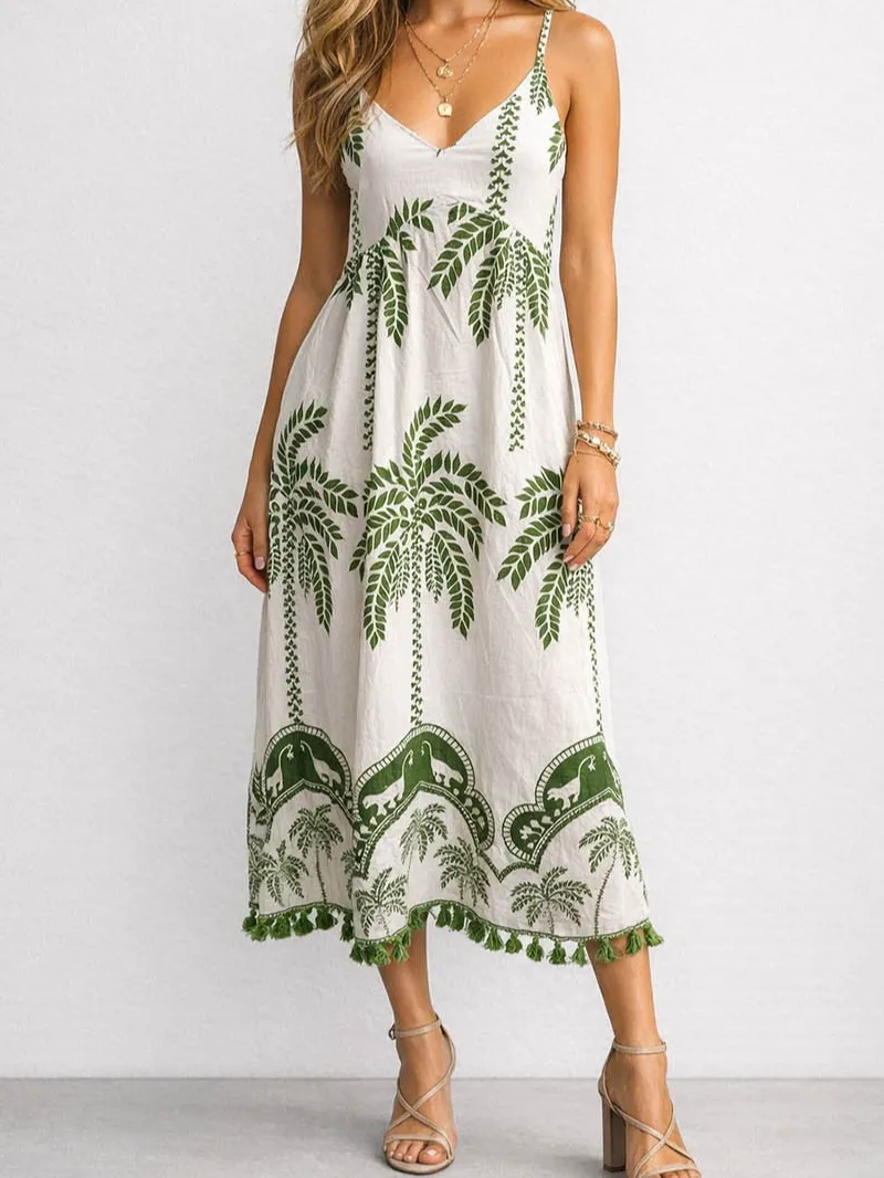Palm Tree V Neck Spaghetti Strap Midi Dress