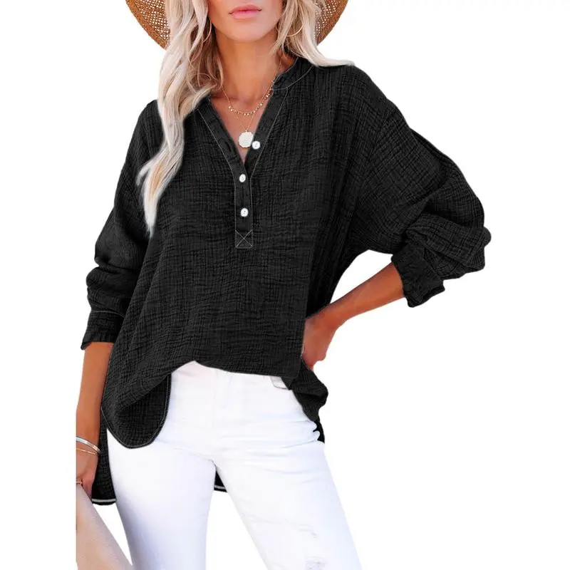 Women's Casual Button V Neck Long Sleeve Shirts Oversized Solid Blouses Tops 100% Cotton