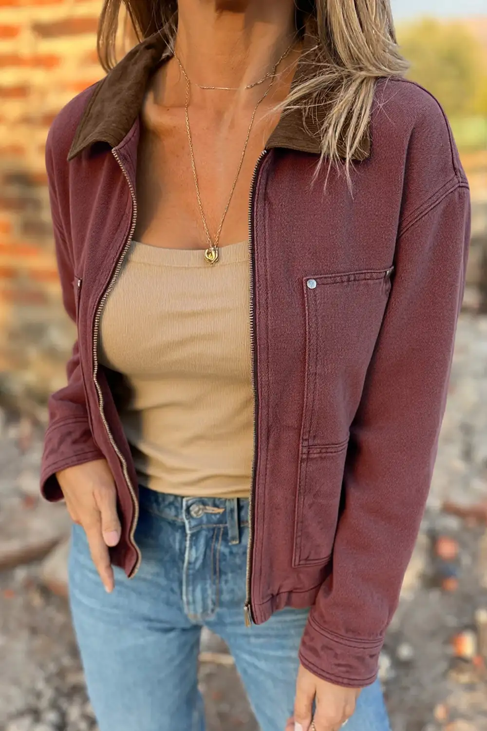 Corduroy Collar Zip Front Denim Jacket