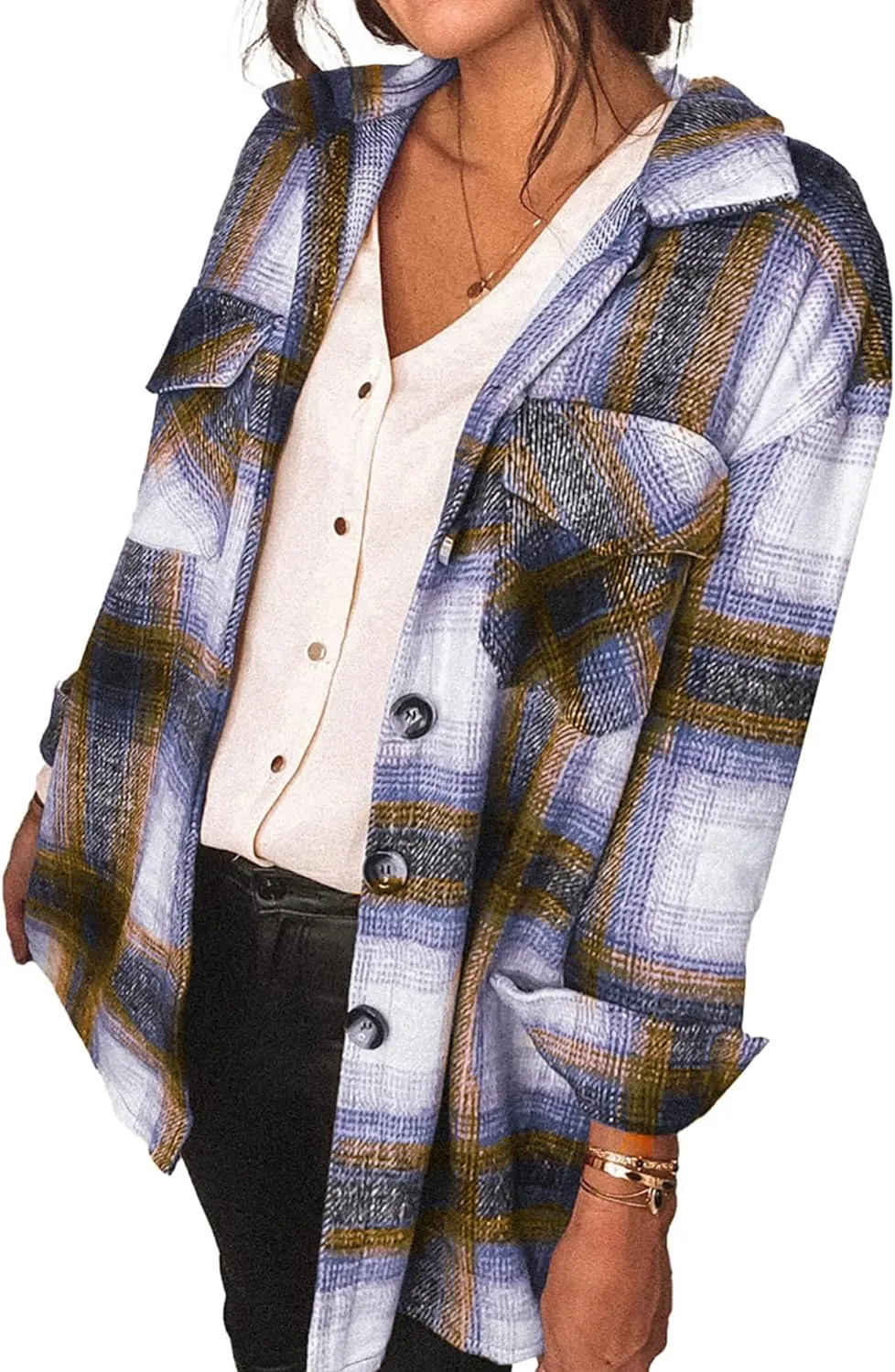 Women's 2023 Fall Clothes Plaid Shacket Jacket Long Sleeve Button Down Flannel Shirts Fashion Blouse