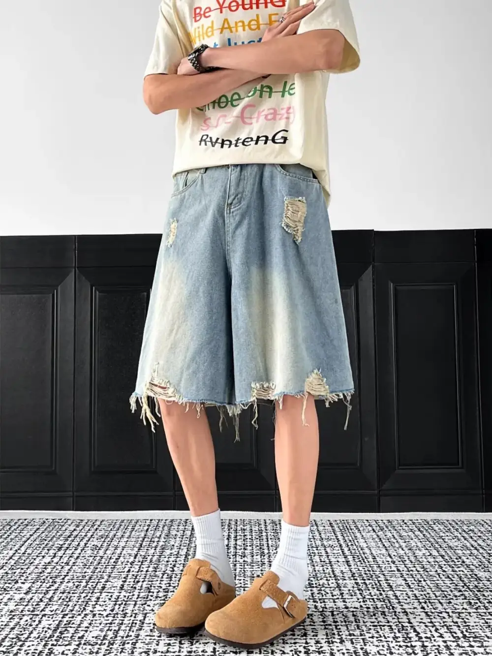 Men's Full Size Distressed Wide Leg Denim Shorts