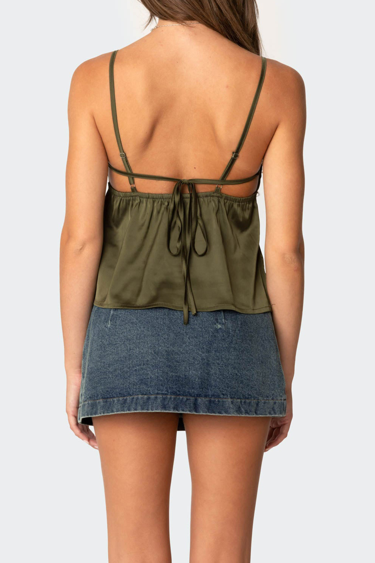Satin Pleated Lace Trim Tank Top