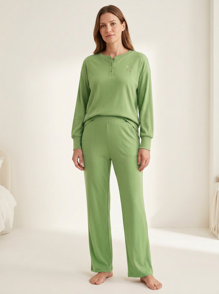 Women's Floral-Embroidered Ribbed Henley Wide-Leg Lounge Set