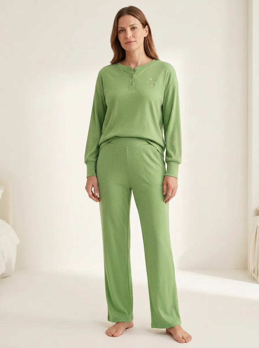Women's Floral-Embroidered Ribbed Henley Wide-Leg Lounge Set