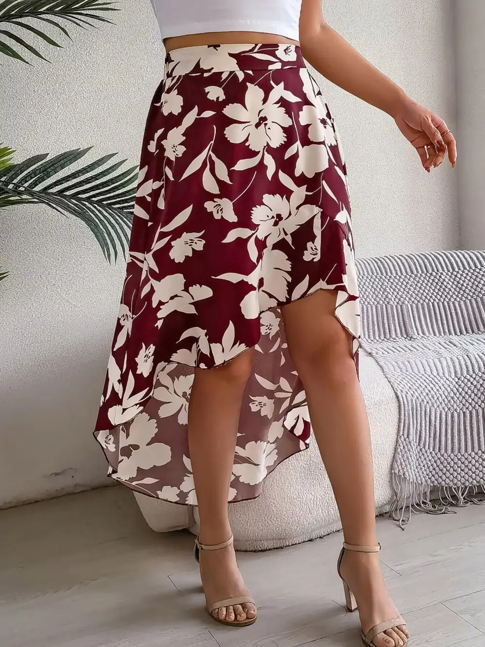 Print Ruffle Hem Asymmetrical Skirt