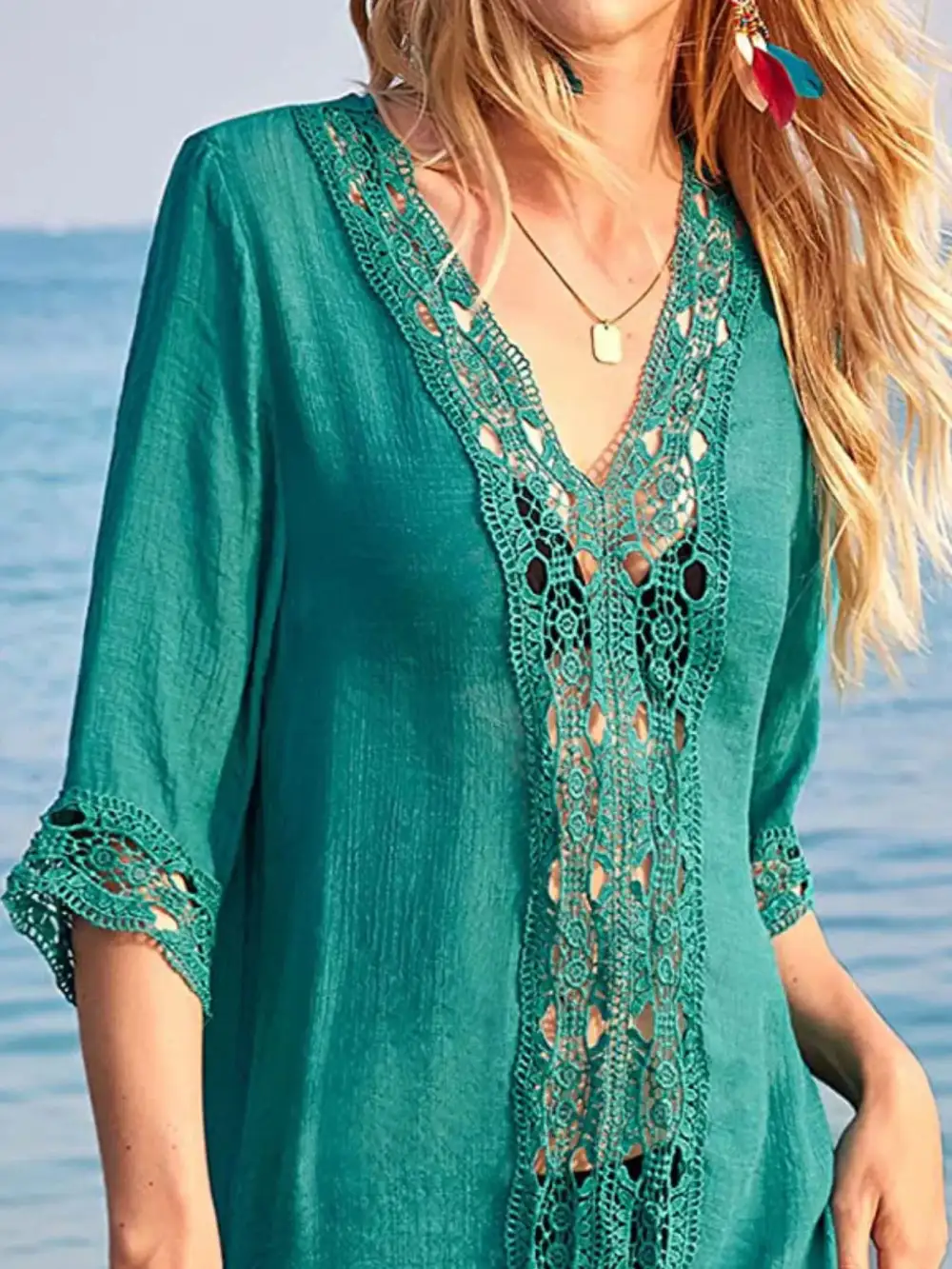 Lace Trim V Neck Swim Cover Up