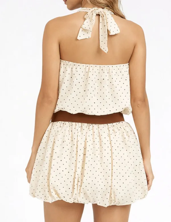 Chic Polka Dot Bubble Hem Halter Belted Mini Dress