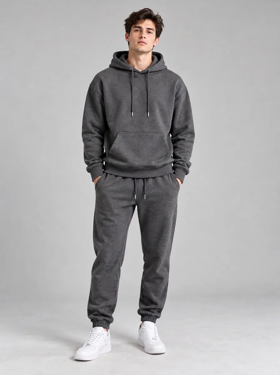 Men's Casual Minimalist Charcoal Grey Fleece Jogger Hoodie Set