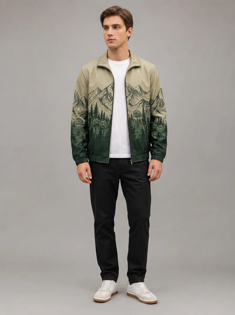 Men's and Mountain Landscape Print Bomber Jacket