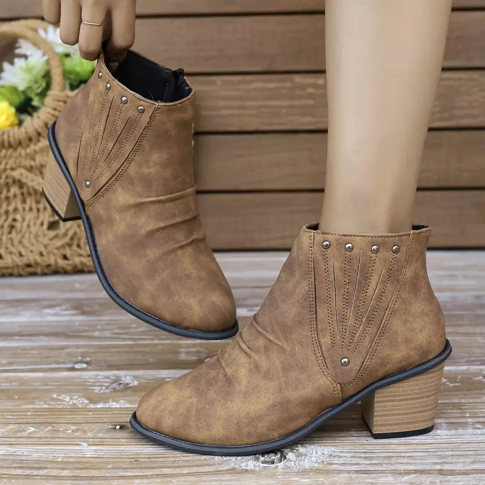 Tiered Point Toe Block Heels Boots