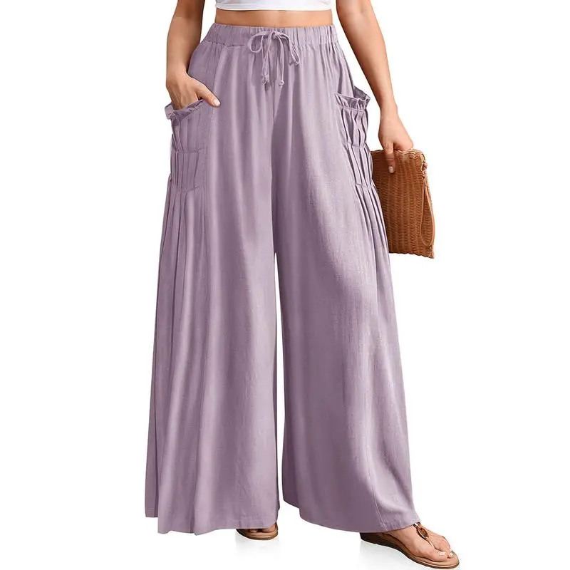 Women Linen Palazzo Pants Loose Fit Boho Wide Leg Summer Lounge Trousers Plus Size Drawstring Waist Casual Beach Travel Vacation Outfits woman wide leg pant