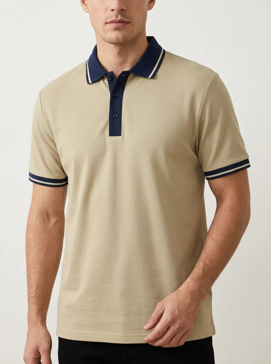 Men's Beige Contrast-Collar Stripe Cuff Polo Shirt