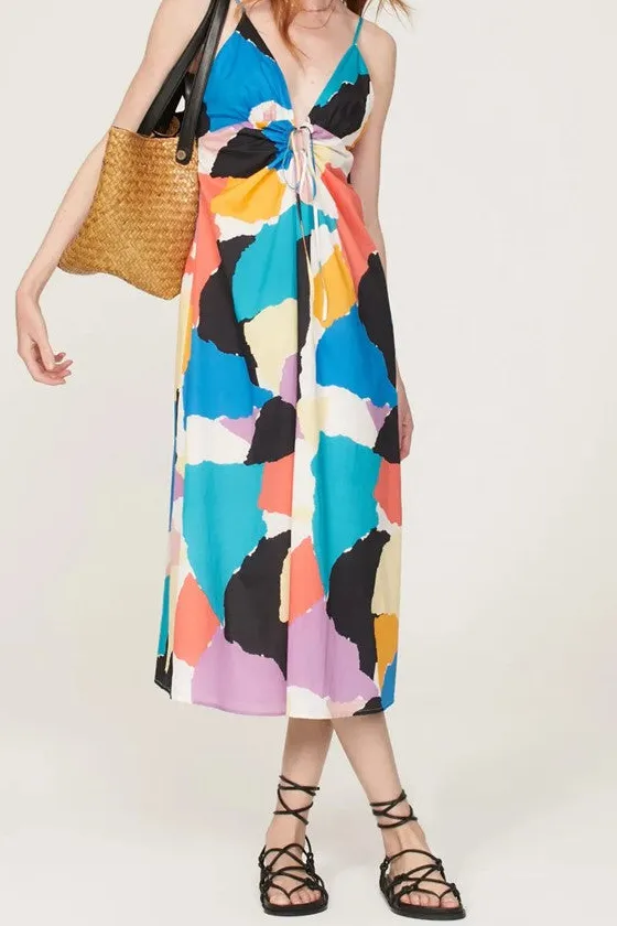 Multicolor Abstract Print V-Neck Midi Dress