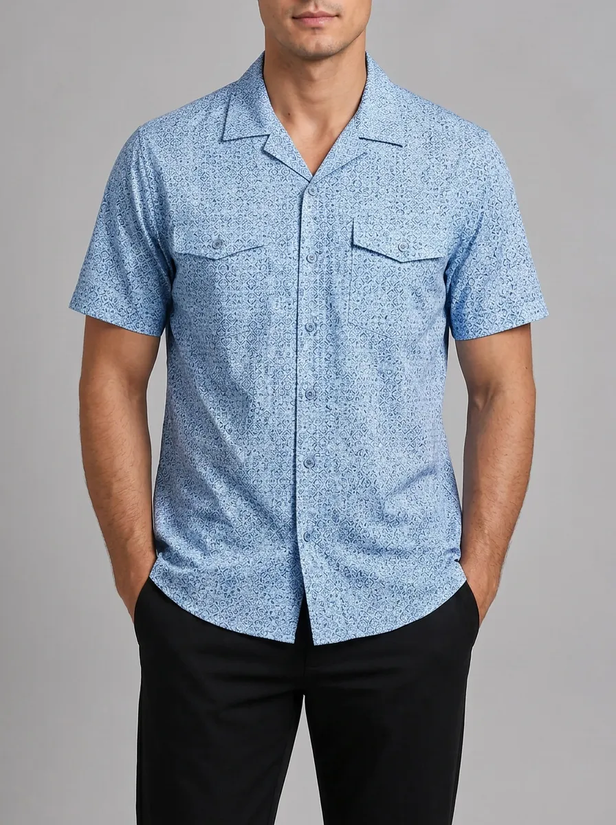 Men's Geometric Print Camp Collar Shirt with Button-Front