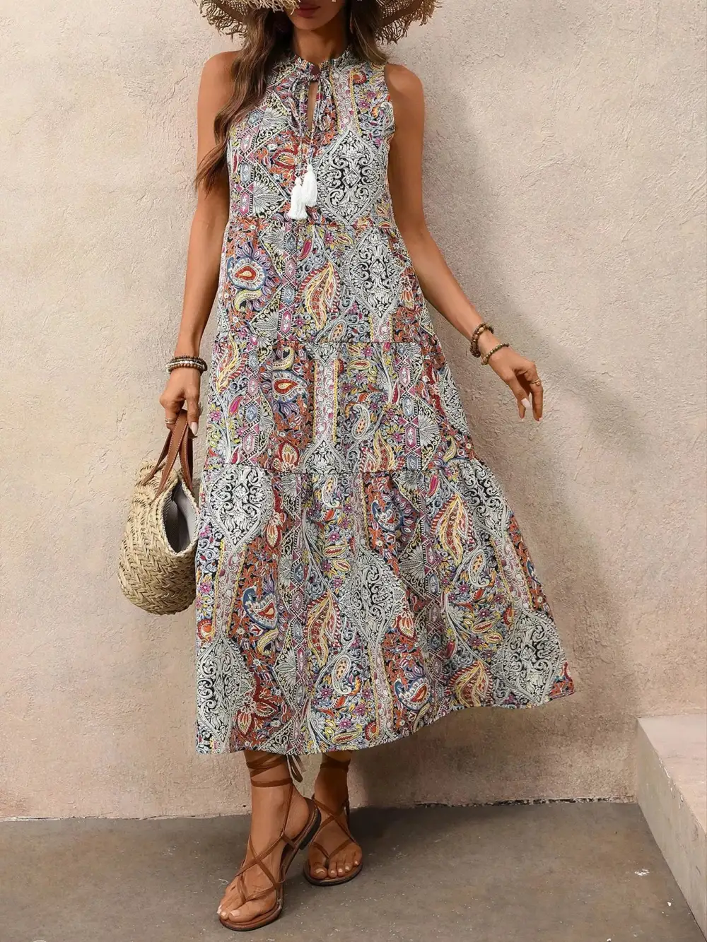 Paisley Print Sleeveless Midi Dress
