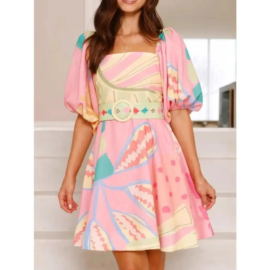 Colorful Print Belted Mini Dress with Puff Sleeves