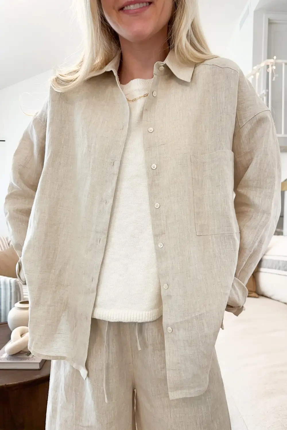 Linen Blend Button Front Button Down Shirt