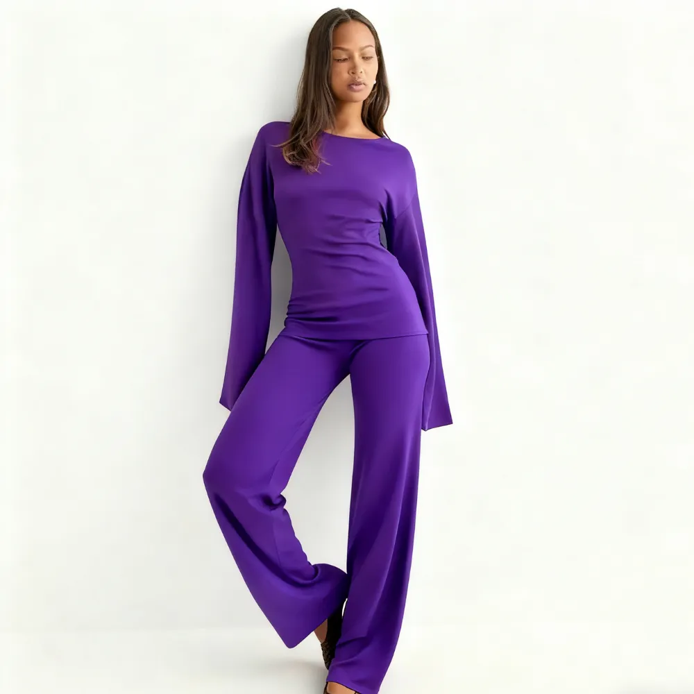 Women's Fall New Round Neck Flare Long Sleeve Top & Elastic Waist Straight Leg Pants Set