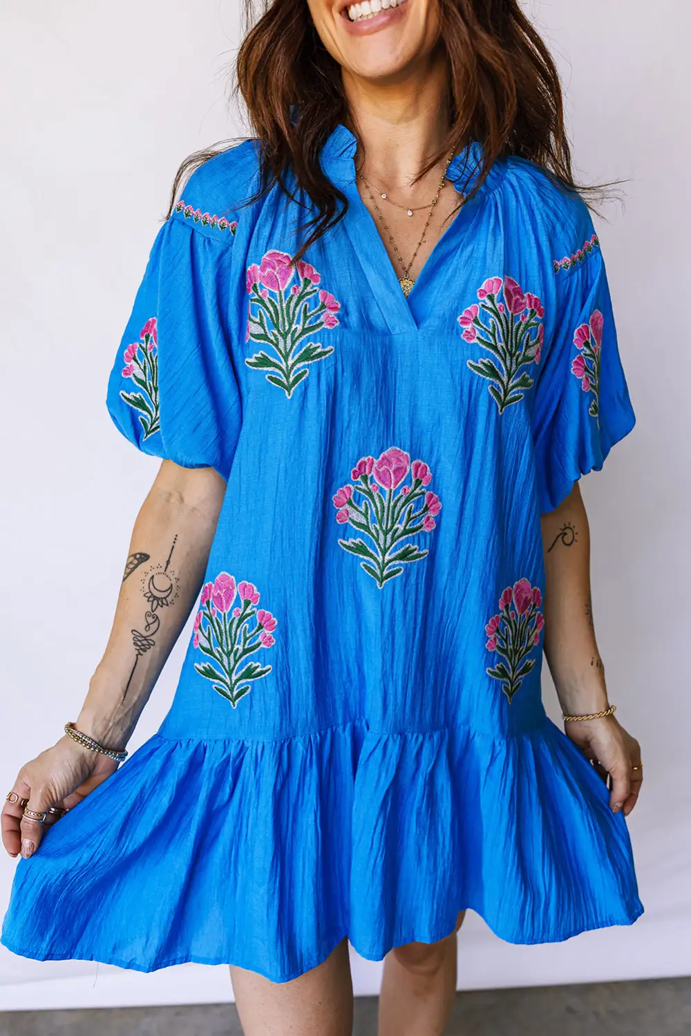 Polished Detail Floral Embroidered Split Neck Dress