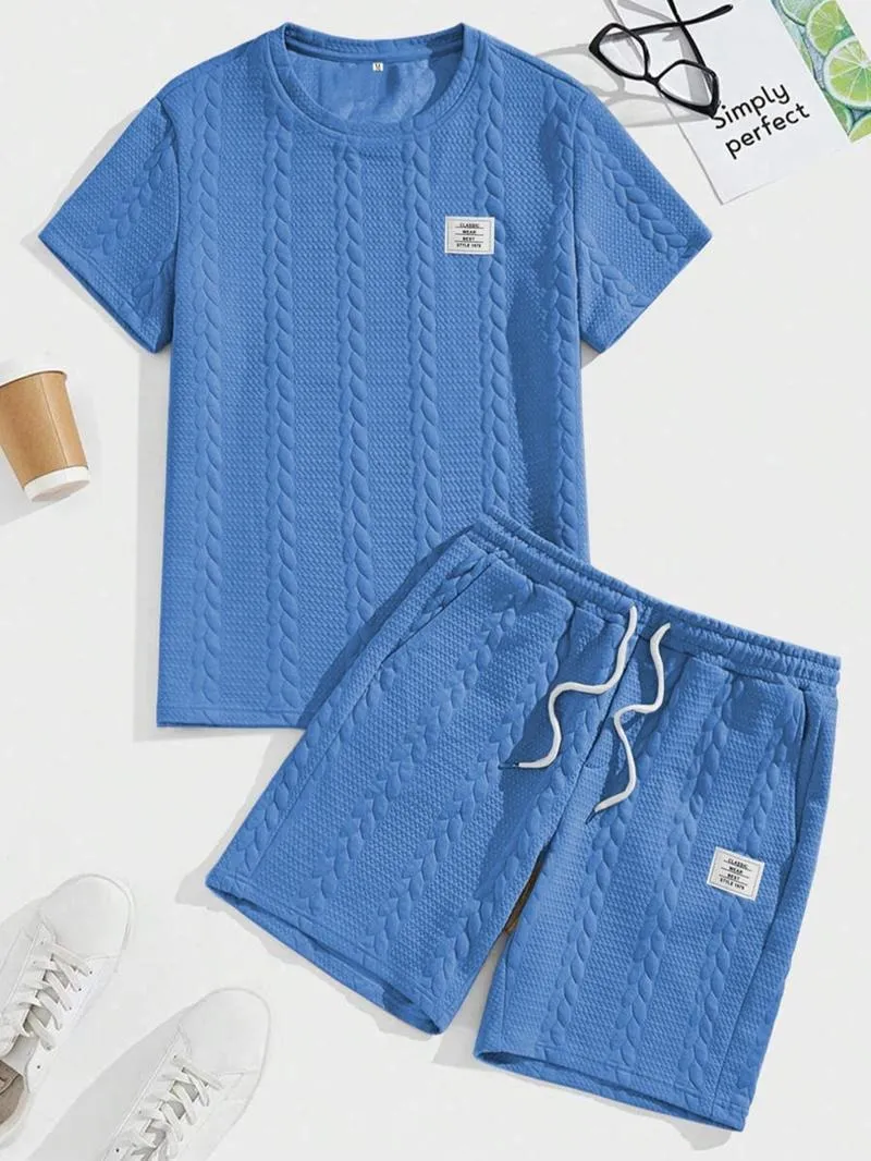 Men's Solid Textured Patched Tee & Drawstring Waist Shorts Set
