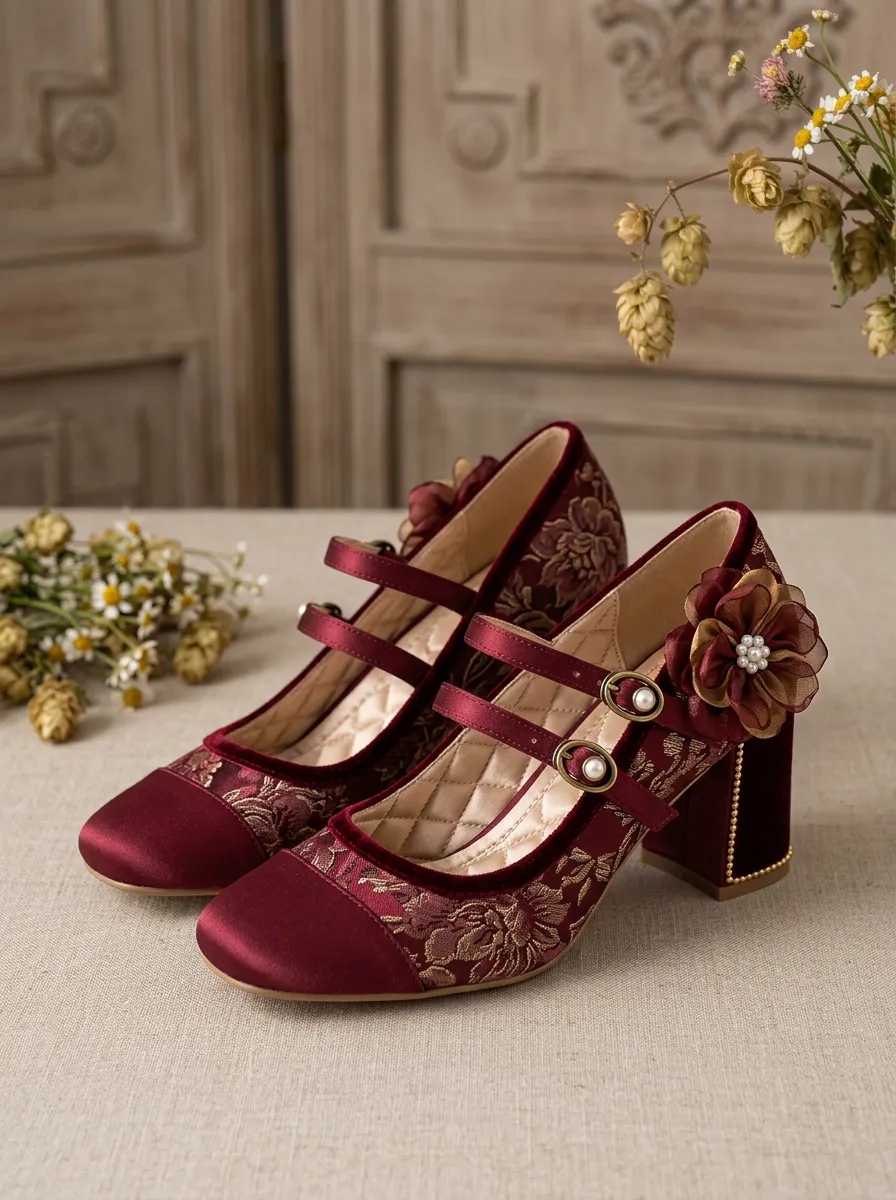 Mary Jane Pearl Floral Embroidered Women's Bavarian Occasion Heels