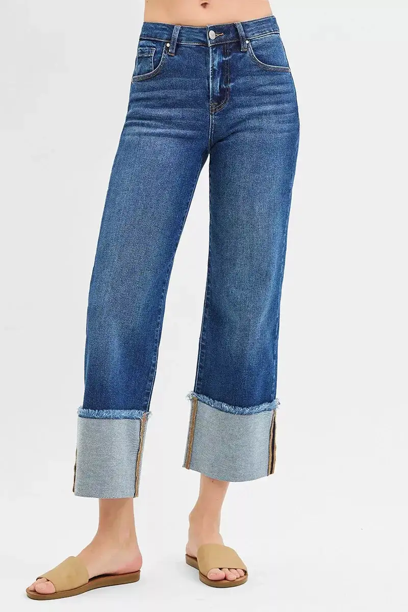 Mid Rise Raw Hem Cuffed Hem Wide Leg Jeans