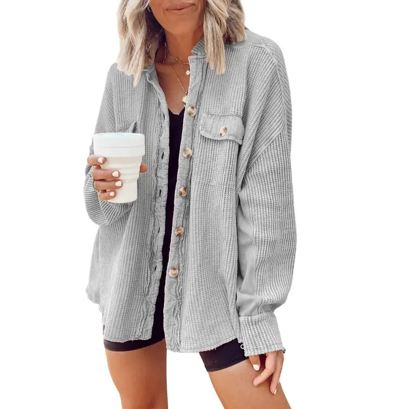 Women's Loose Fit Batwing Sleeve Waffle Knit Button Down Shirt Shacket Tops