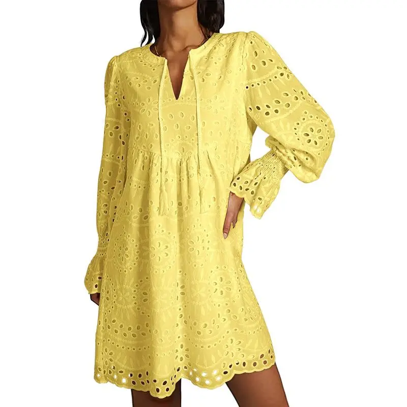 Women's 2025 Casual Dress Tassel V Neck Long Sleeve A Line Hollow Out Lace Ruffle Above Knee Dress, 100% Cotton, Comfortable Fit